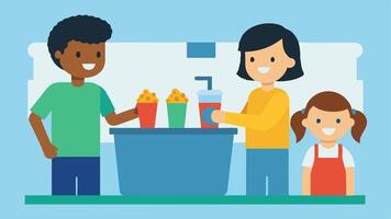 Snack Counter A image of a snack counter offering appealing and healthy options featuring friendly staff helping children choose popcorn and drinks in colorful cups.. vector
