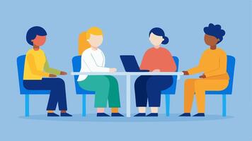 Interview Panel A roundtable interview setup showing a diverse panel of interviewers different genders ethnicities and abilities engaging with a candidate in a wheelchair.. vector