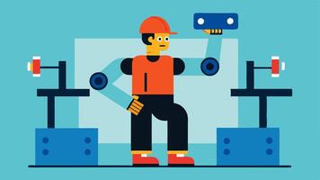 Mobility in the Workplace A worker in a factory setting wearing a robotic exoskeleton while assembling products illustrating the enhanced strength and endurance in a demanding. vector