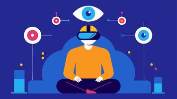 Headset with EyeTracking A user wearing a VR headset equipped with eyetracking technology sitting comfortably in an inclusive environment with visual indicators showing how they. vector