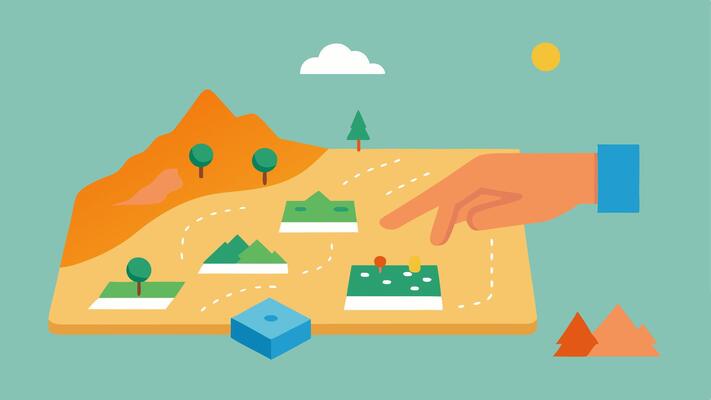 Tactile Map A 3D map made from raised materials denoting different landscapes. A persons hand gliding over the map to explore the terrain with labels in Braille..