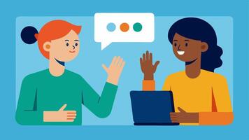 Sign Language Communication Two colleagues are engaged in conversation using sign language. One person is using an interpreter app on their tablet representing communication. vector