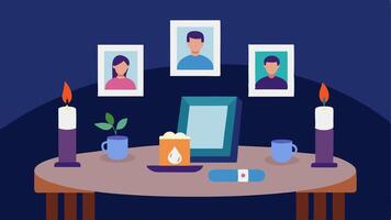 Memory Table A beautifully set memory table with photos of loved ones accessible signs and candles creating a respectful space honoring all family members.. vector