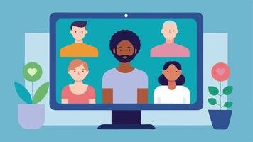 Virtual Wellness Session A showing a computer screen with diverse individuals joining an online wellness session from home with captions and interpreting services included.. vector