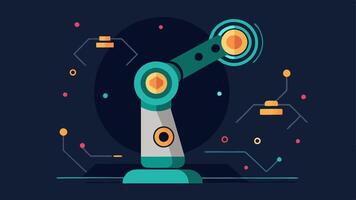 Robotic Prosthesis A sleek futuristic robotic arm displayed prominently integrating advanced sensors and motors surrounded by glowing data lines to signify innovation.. vector