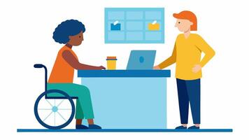 Volunteer Assistance A friendly museum volunteer helping a visitor with a disability at an information desk showing kindness and support through their interaction.. vector