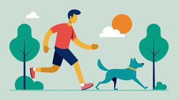 Running with a Dog A person jogging in a park with a prosthetic leg happily accompanied by a dog conveying companionship and an active lifestyle.. vector
