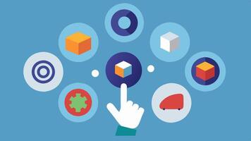 Sensory Fidget Options An assortment of fidget toy icons arranged in a circular layout including spinners cubes and beads. A users finger is shown selecting one representing. vector