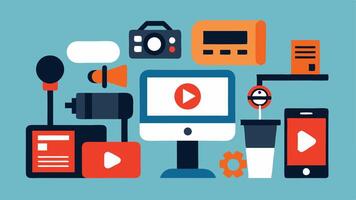 Media Tools for All A collection of media production tools including a camera microphone and computer with screen reader software symbolizing accessibility in content creation for. vector