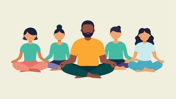 Guided Breathing Exercise An image of a diverse group sitting crosslegged guided by an instructor through a breathing exercise with visual aids showing breathing patterns.. vector