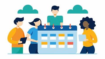 Time Management Students of different abilities working on a shared calendar or planner discussing due dates and study schedules emphasizing organization in teamwork.. vector