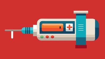 Syringe Injector A stylized syringe injector filled with liquid supplements featuring intuitive controls and a virtual display that monitors dosage and timing.. vector
