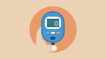Smart Glucose Monitor A round glucose monitor device with a digital screen displaying glucose levels hovering above a hand holding it symbolizing diabetes management.. vector