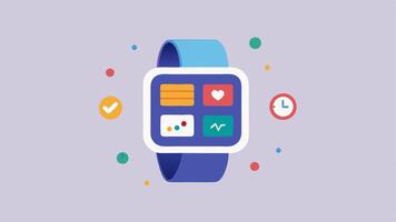 Wearable Tech An illustration of a wristband or smarch showing a supplement schedule and health metrics with holographic icons representing vitamins and minerals.. vector
