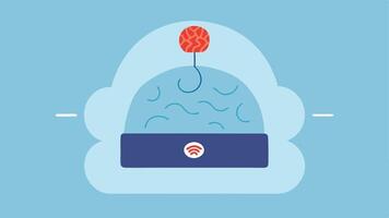 SensorEmbedded Beanie A beanie equipped with tiny sensors that monitor neurological activity illustrated with wave patterns radiating from the head area accompanied by brain wave. vector