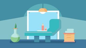 Serene Spa Environment A minimalistic spa room with soft lighting featuring a comfortable treatment chair and a small table with skincare products.. vector