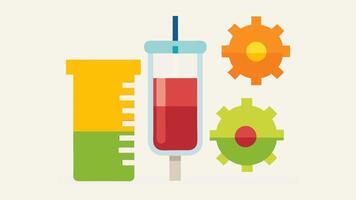 Syringe and Fruit with Gear A syringe filled with colorful juices next to a gear illustrating the concept of blending biological enhancements with nutrition.. vector