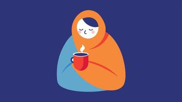 Posttherapy Relaxation The same person wrapped in a warm blanket sipping a hot beverage after the cold plunge emphasizing recovery and relaxation.. vector