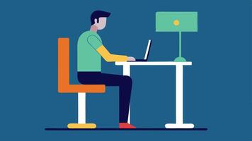 Standing Desk Setup An illustration of a person at a heightadjustable desk wearing a posture monitor with visual indicators showing the ergonomic setup for optimal posture.. vector