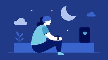 Sleep Quality Overview An illustration of a person sitting on a bed checking their smarch. The screen highlights a moon icon with a sleep score and duration of sleep.. vector