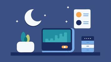 Sleep Tracker An illustration of a device resting on a bedside table displaying a moon icon with sleep cycles and duration metrics illuminated on the screen.. vector