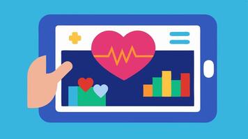 Touchscreen Interface A rectangular device with a large colorful touchscreen that showcases realtime health metrics including a heart symbol pulse and graphical trends positioned. vector
