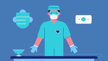 Surgeon Wearing AR Goggles A surgeon stands over an operating table wearing augmented reality goggles that display a 3D model of the patients anatomy in front of them.. vector