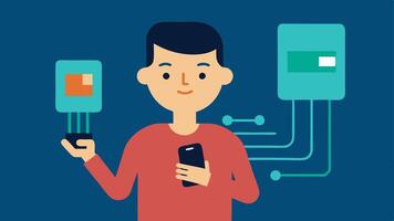 User Interaction A person holding a chip and using a smartphone to scan it demonstrating the ease of connecting the diagnostic tool to mobile technology.. vector