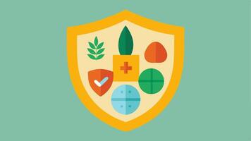 Vitality Shield A stylized shield with images of vitamins supplements and herbal remedies highlighting protective measures for health.. vector