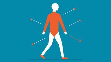 Posture Correction A silhouette of a person walking with arrows and lines showing correct posture alignment alongside smart shoes that highlight foot placement.. vector