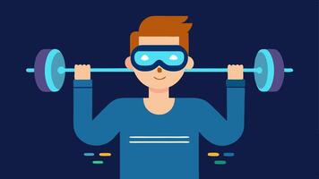 Workout Metrics A scene of a person lifting weights while wearing smart glasses that display strength levels repetitions and form corrections in realtime.. vector