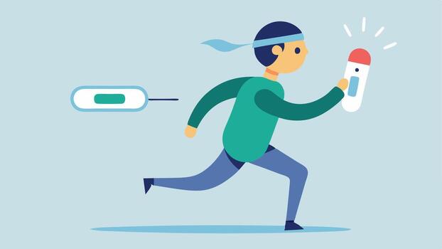 temperatura monitor un persona corriendo un recado mientras vistiendo un frente termómetro ese muestra cuerpo temperatura lecturas en un digital pantalla con termómetro gráficos. vector