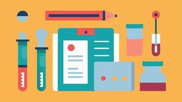 Testing Kit Components A flat lay illustration of all components of a testing kit including vials swabs and instructional cards neatly organized.. vector