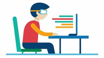 Posture Correction A person sitting at a desk with AR glasses providing visual cues on how to adjust their posture marked by colored lines along the spine.. vector