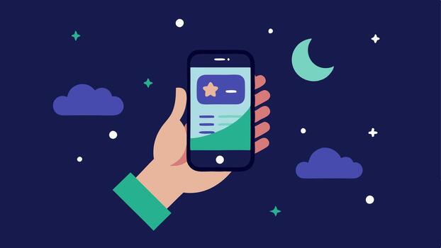 User Alerts A hand holding a phone with notifications about sleep quality and recommended bedtime tips popping up on the screen surrounded by stars and a moon for a nighttime. vector