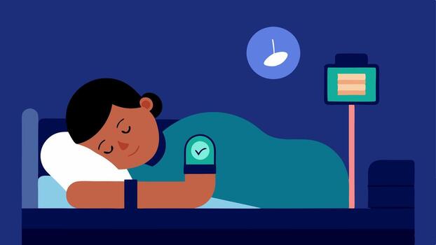 Sleep Monitoring A cozy bedroom scene featuring a biohacker sleeping with a sleep tracker device on their wrist emphasizing the importance of rest for hormone balance.. vector