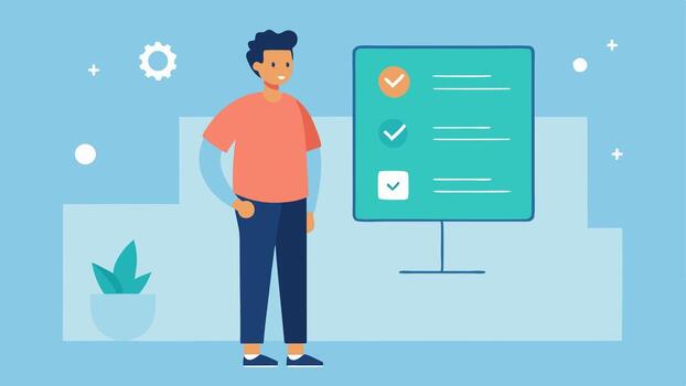 Progress Tracking Display A patient standing in front of a screen showing a digital progress chart with graphs and checkmarks as they complete exercises.. vector
