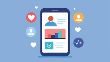 User Dashboard A smartphone screen showing a dashboard with icons for heart rate sleep quality and activity levels paired with a stylized wearable on the side.. vector