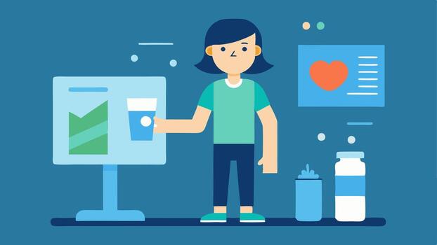 Virtual Health Coach An image of a friendly animated virtual coach next to the glasses giving advice on fitness and hydration based on realtime data.. vector