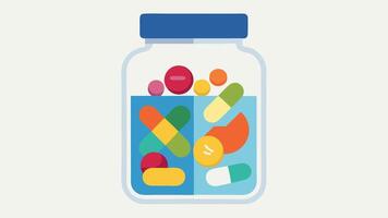 Vitamin Jar with Labels A clear jar filled with vivid gummies or capsules each with a different label showing health benefits such as Immunity Energy and Skin Health indicating a. vector