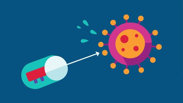 Targeted Therapy A nanobot releasing a drug into a diseased cell depicted with a burst of color at the point of release to illustrate the precision of delivery.. vector