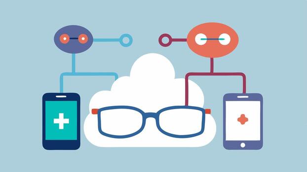 social compartiendo característica un imagen demostración el lentes transmitiendo salud datos a un teléfono inteligente o nube con un visual representación de compartiendo Progreso con amigos.. vector