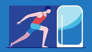 Recovery Session A side view of an athlete with half of their body in a cryotherapy tank while the other half shows them performing a stretching exercise.. vector
