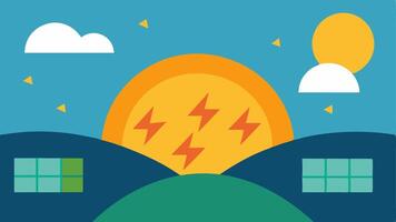 Sunrise with Energy Symbols A serene sunrise view with symbols of energy such as lightning bolts and solar panels emphasizing the importance of natural energy sources.. vector