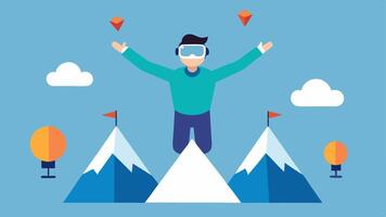 Visualizing Success A motivated patient in a VR setup visualizing their goals through imaginative scenarios with uplifting imagery such as mountains conquered and paths od ahead.. vector