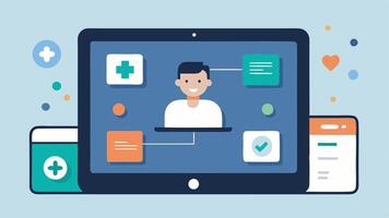 Telehealth App on Tablet A tablet screen showing a health app interface with options for scheduling appointments symptom tracking and virtual consultations.. vector
