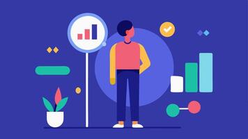Progress Tracking A scene where a user stands in front of a mirror while their virtual coach provides motivational feedback with colorful graphs and statistics appearing on the. vector