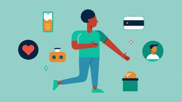 Stretch Reminder A series of simple frames showing a person receiving a reminder from their wearable to take breaks and stretch with visual prompts emphasizing healthy movements.. vector