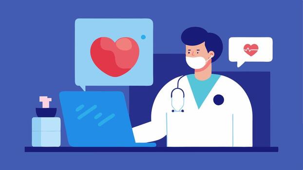 Remote Consultation A physician engaging with a patient via call using AR to show a 3D model of a heart and explaining its conditions through the screen.. vector