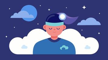 Sleep Optimization A person peacefully sleeping in a bedroom with a brainwave device on their head surrounded by soft clouds and gentle stars to symbolize restful sleep and. vector